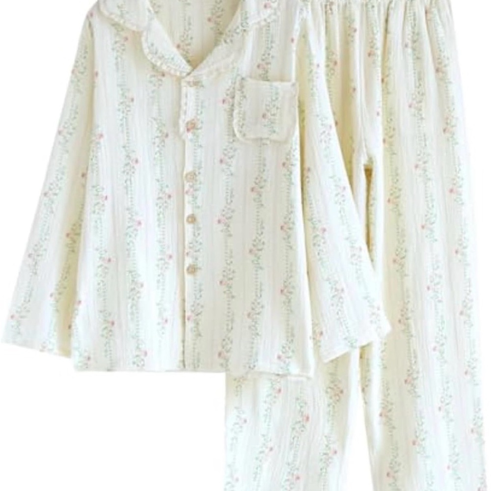 Girls' Cream Floral Pajama Set - Soft Cotton Sleepwear